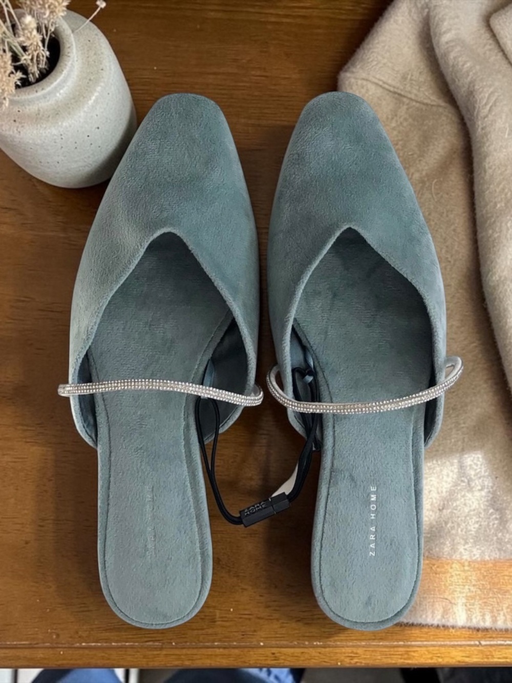 Zara Home Light Blue Green Velvet Mules - Picture 2 of 15